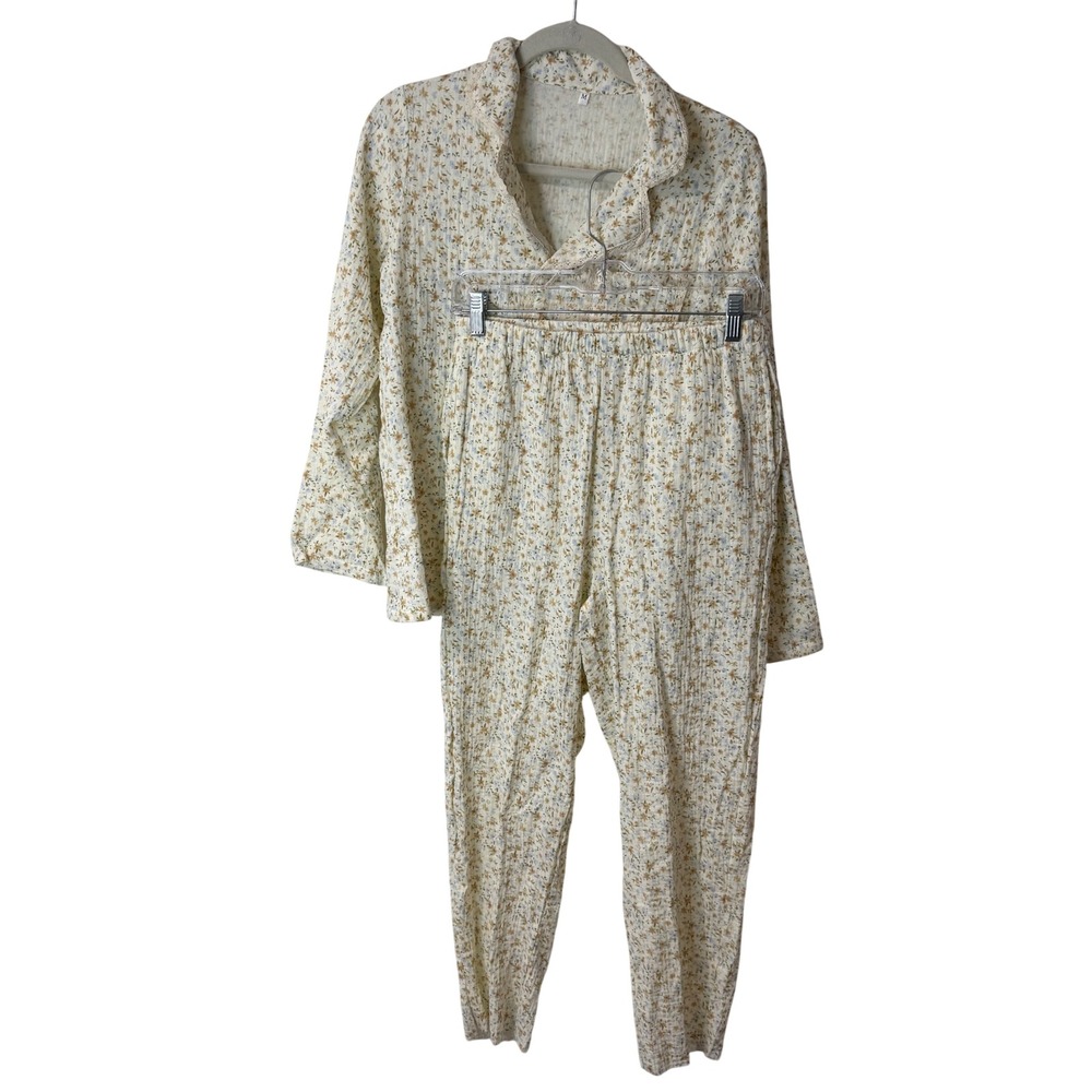 The‎ Fleece Company Women's Muslin Pajama Set Cotton Floral Cream Brown